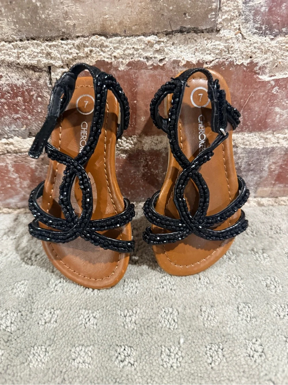 Cherokee Black Beaded Strappy Sandals with Tan Footbed